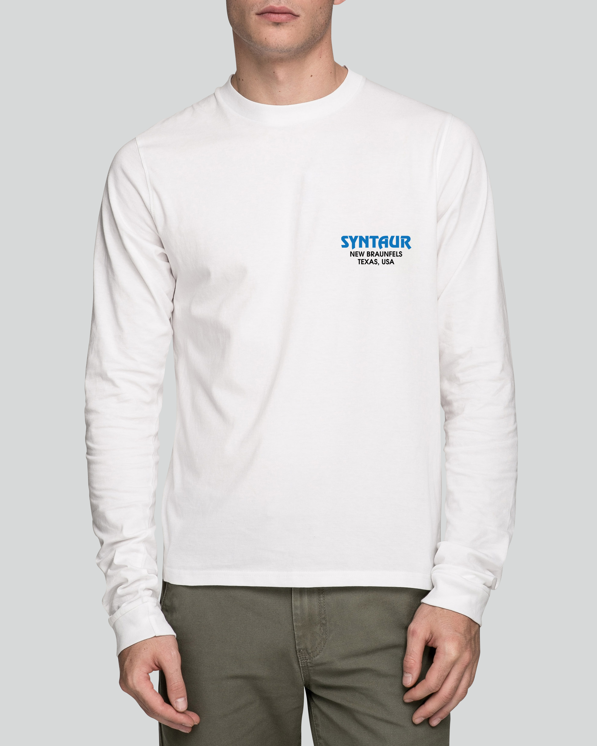 Front of white long-sleeve shirt with Syntaur Saw Wave Swim Club logo