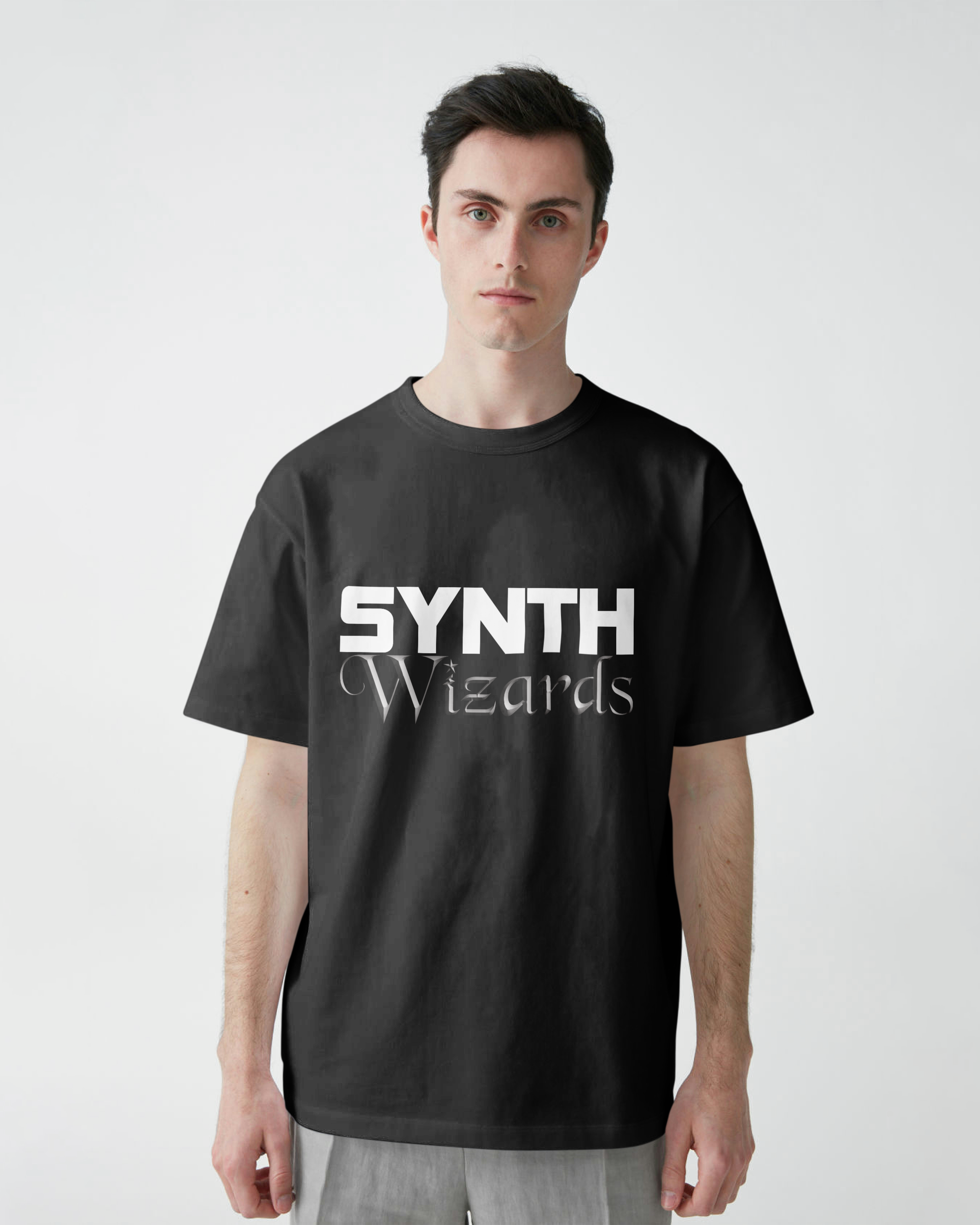 Black short-sleeve shirt with Synth Wizards logo